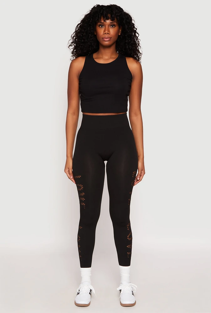 Womens Seamless Laser Cut Love High Waist Leggings, Black, Size L-XL