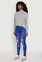 Womens Distressed Denim Print High Waisted Jeggings, Blue, Size S-M