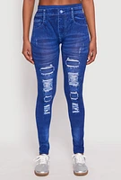 Womens Distressed Denim Print High Waisted Jeggings, Blue, Size S-M