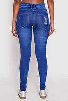 Womens Distressed Denim Print High Waisted Jeggings, Blue, Size S-M