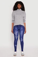 Womens Distressed Denim Print Jeggings, Blue, Size L-XL