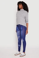 Womens Distressed Denim Print Jeggings, Blue, Size L-XL