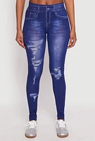 Womens Distressed Denim Print Jeggings, Blue, Size L-XL