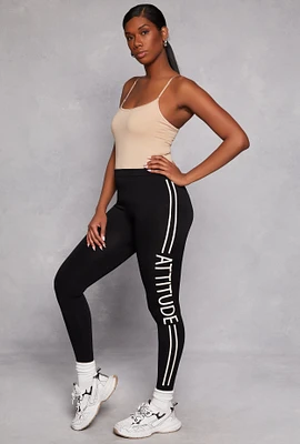 Womens Fleece Attitude Graphic Side Stripe Leggings, Black, Size S-M