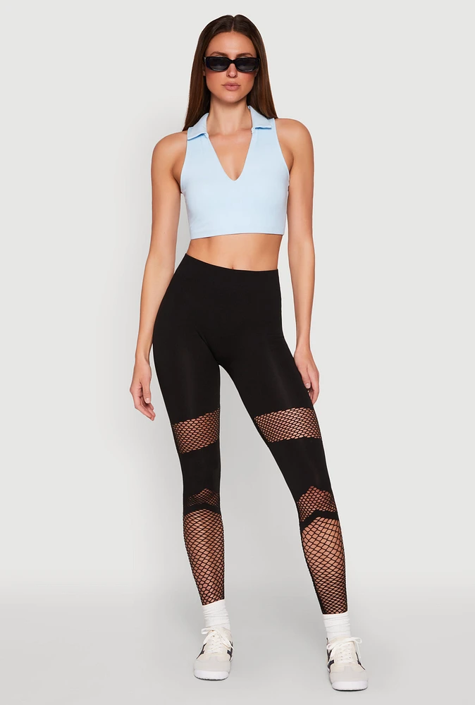 Womens Fishnet Detail Seamless Leggings, Black, Size S-M
