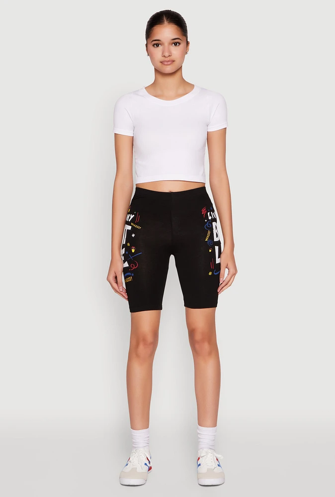 Womens Living My Best Life Graphic Print Biker Shorts, Black, Size L