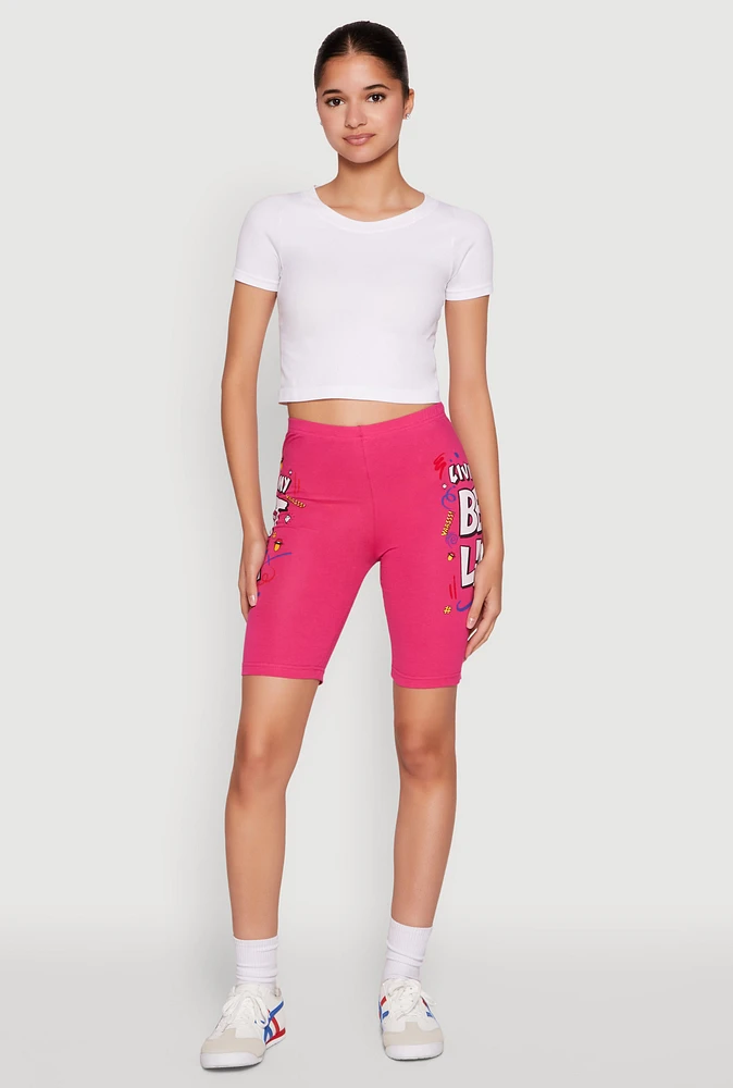 Womens Living My Best Life Graphic Print Biker Shorts, Pink, Size L