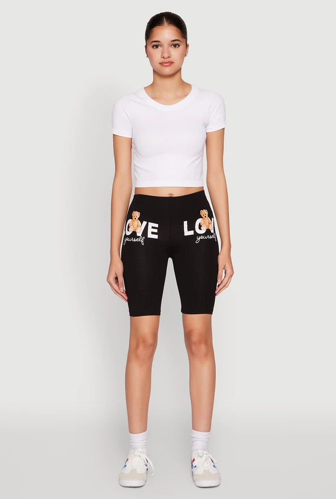 Womens Love Yourself Teddy Bear Biker Shorts, Black,