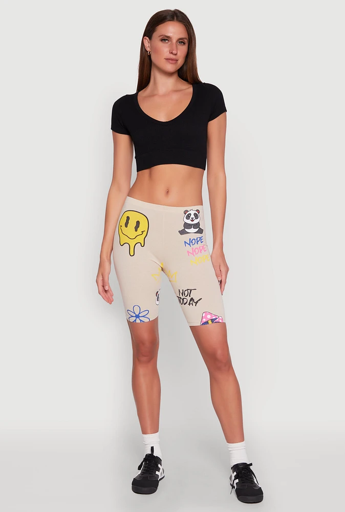 Womens Nope Graphic Biker Shorts, Khaki,