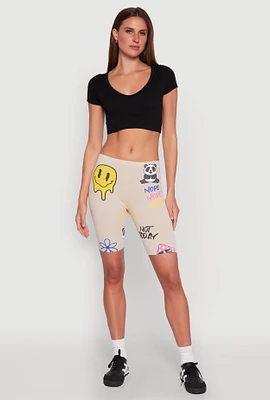Womens Nope Graphic Biker Shorts, Khaki,