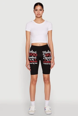 Womens Blessed By God Graphic Biker Shorts, Black, Size S