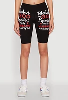 Womens Blessed By God Graphic Biker Shorts, Black, Size S