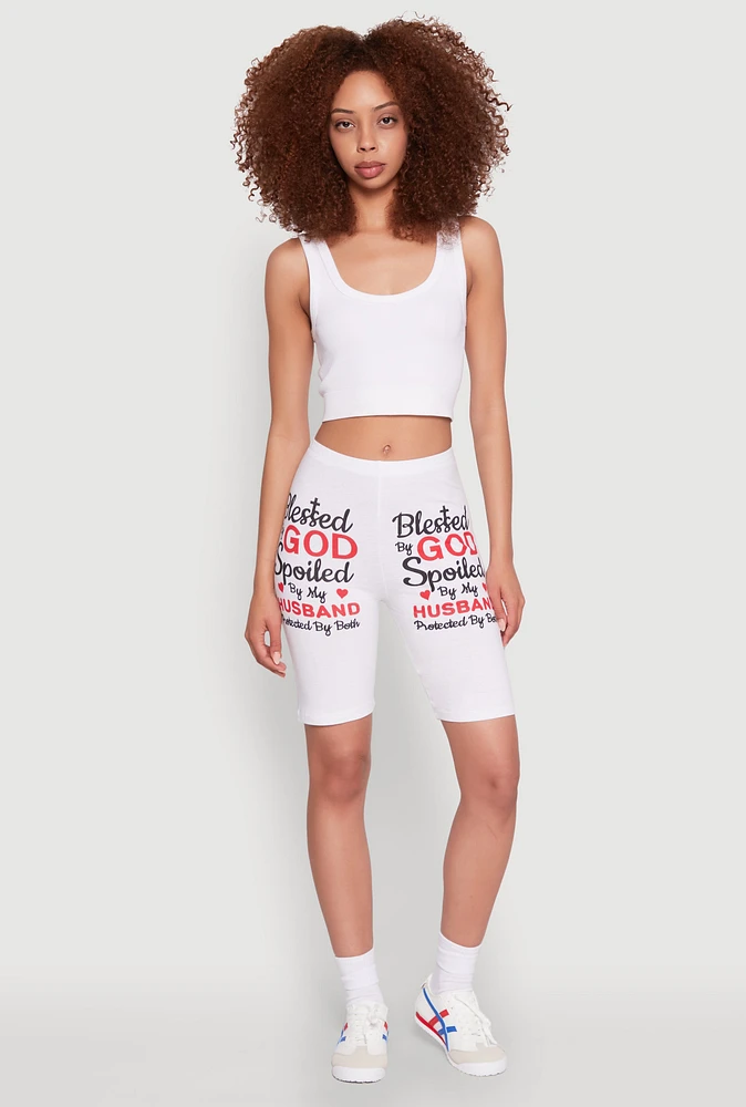 Womens Blessed By God Graphic Biker Shorts, White, Size XL