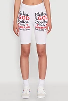 Womens Blessed By God Graphic Biker Shorts, White, Size XL
