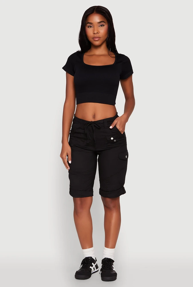 Womens Faux Drawstring Waist Cargo Bermuda Shorts,
