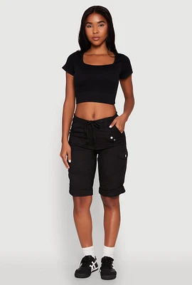 Womens Faux Drawstring Waist Cargo Bermuda Shorts,