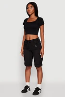 Womens Faux Drawstring Waist Cargo Bermuda Shorts,