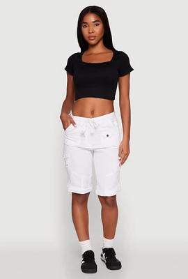 Womens Faux Drawstring Waist Cargo Bermuda Shorts, White, Size L