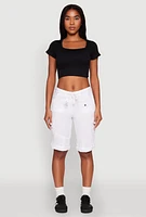 Womens Faux Drawstring Waist Cargo Bermuda Shorts, White, Size L