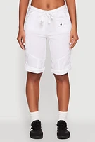 Womens Faux Drawstring Waist Cargo Bermuda Shorts, White, Size L