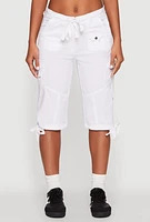 Womens Faux Drawstring Waist Cargo Bermuda Shorts, White, Size L