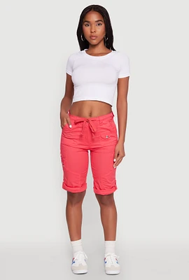 Womens Faux Drawstring Waist Cargo Bermuda Shorts, Red, Size M