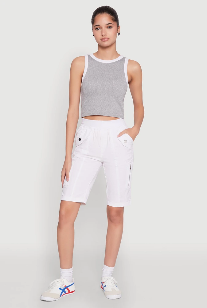 Womens Side Zip Cargo Pocket Bermuda Shorts, White, Size M