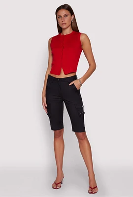 Womens High Waisted Cargo Pocket Bermuda Shorts, Black, Size L