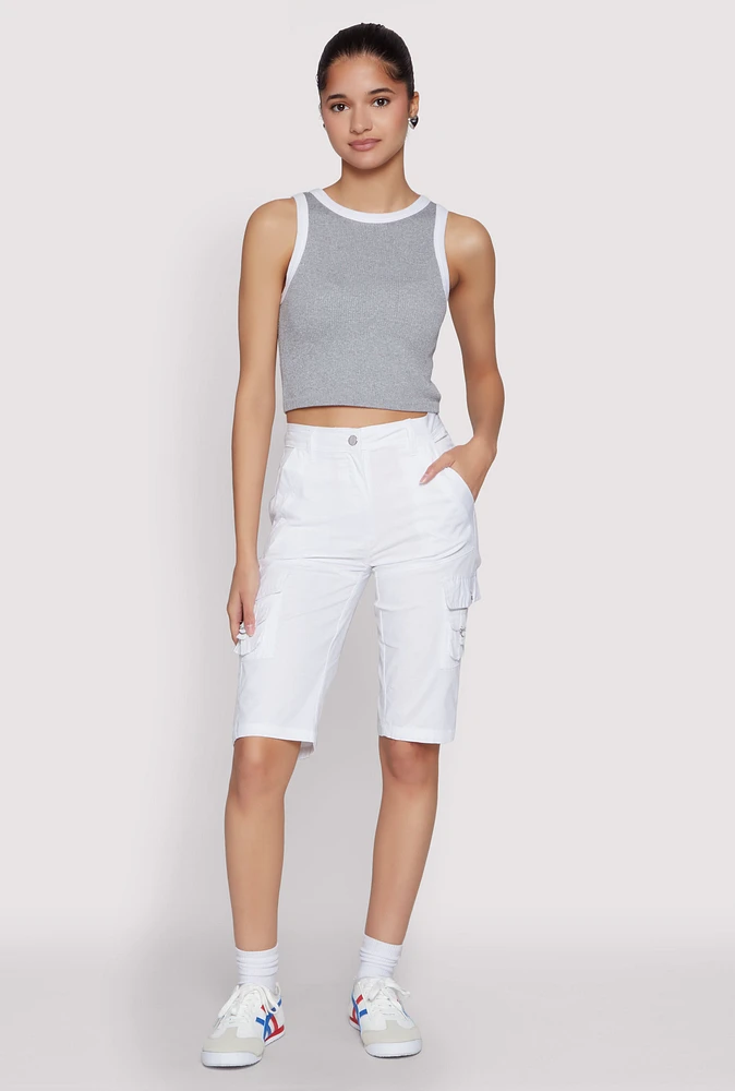 Womens High Waisted Cargo Pocket Bermuda Shorts, White, Size M