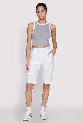Womens High Waisted Cargo Pocket Bermuda Shorts, White, Size M