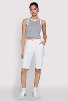 Womens High Waisted Cargo Pocket Bermuda Shorts, White, Size M