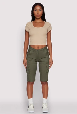 Womens High Waisted Cargo Pocket Bermuda Shorts,