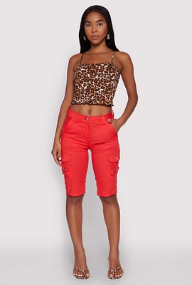 Womens High Waisted Cargo Pocket Bermuda Shorts, Red, Size S