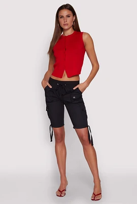 Womens Drawstring Hem Cargo Pocket Bermuda Shorts,