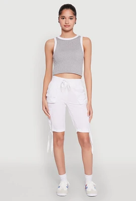Womens Drawstring Hem Cargo Pocket Bermuda Shorts, White,