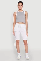 Womens Drawstring Hem Cargo Pocket Bermuda Shorts, White,