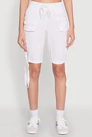 Womens Drawstring Hem Cargo Pocket Bermuda Shorts, White,