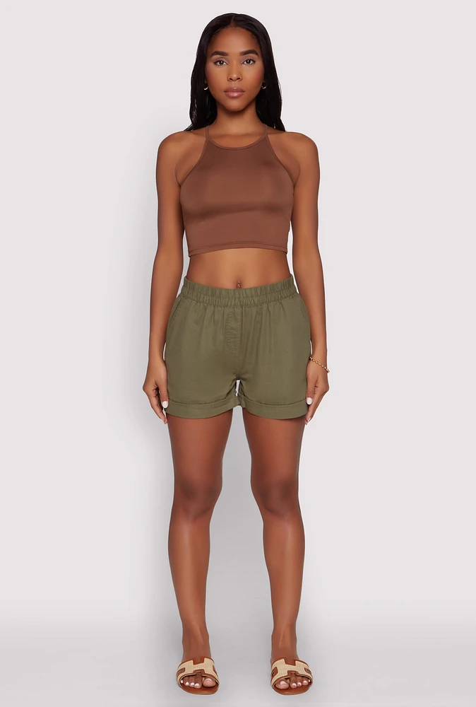 Womens Smocked Waist Shorts, Green, Size L