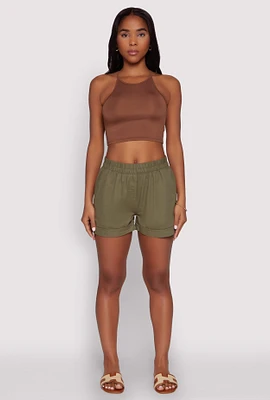 Womens Smocked Waist Shorts, Green, Size L