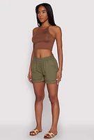 Womens Smocked Waist Shorts, Green, Size L