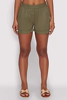 Womens Smocked Waist Shorts, Green, Size L