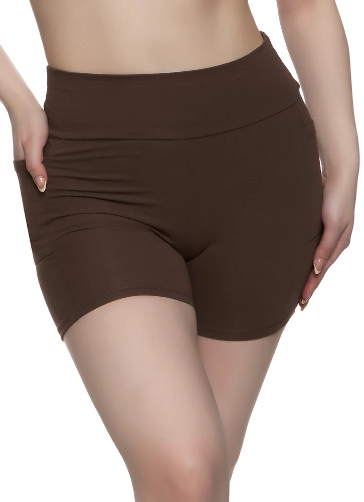 Womens Side Pocket High Waist Biker Shorts,