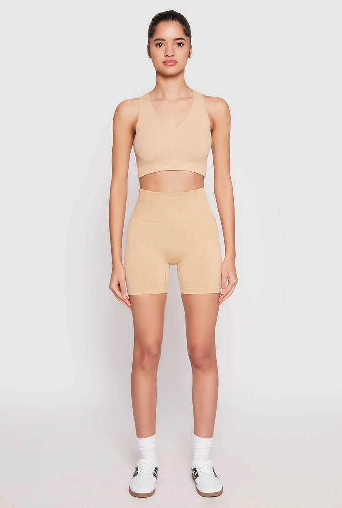 Womens Seamless High Waisted Biker Shorts, Khaki, Size M-L