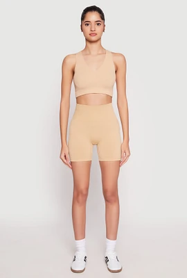 Womens Seamless High Waisted Biker Shorts, Khaki, Size M-L