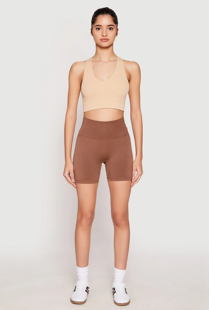 Womens Seamless High Waisted Biker Shorts, Brown, Size S-M