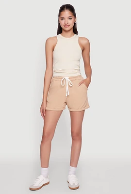 Womens Chic Drawstring High Waisted Sweatshorts with Fixed Cuffs, Khaki, Size S