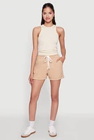 Womens Chic Drawstring High Waisted Sweatshorts with Fixed Cuffs, Khaki, Size S