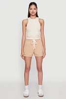 Womens Chic Drawstring High Waisted Sweatshorts with Fixed Cuffs, Khaki, Size S