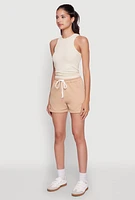 Womens Chic Drawstring High Waisted Sweatshorts with Fixed Cuffs, Khaki, Size S