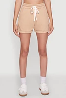 Womens Chic Drawstring High Waisted Sweatshorts with Fixed Cuffs, Khaki, Size S